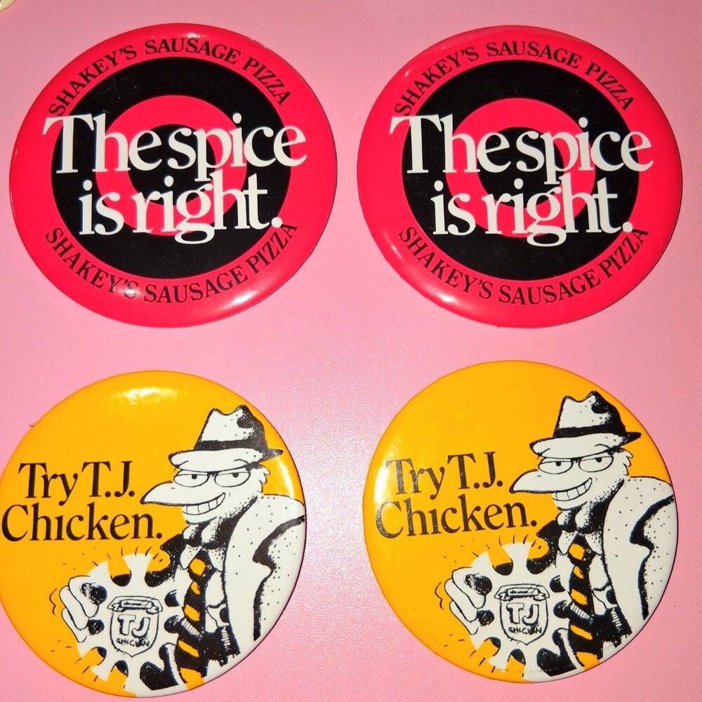 Shakeys Sausage Pizza & T.J. Chicken Vintage Pinback Buttons Set Of 4•Orn7